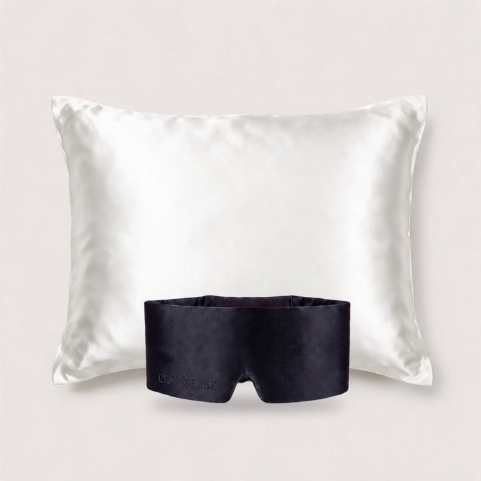Duo taie d'oreiller Blanc Ivoire et masque Velours Noir