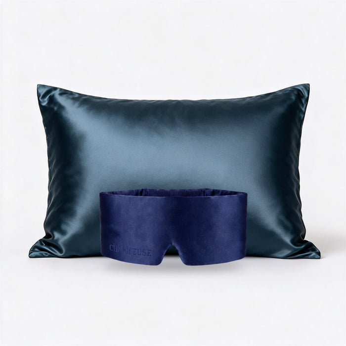 Duo masque et taie d'oreiller en soie Saphir Nuit