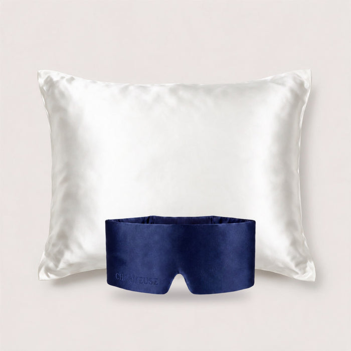 Duo taie d'oreiller Blanc Ivoire et masque Saphir Nuit