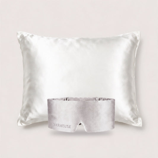 Duo taie d'oreiller Blanc Ivoire et masque Gris Perle
