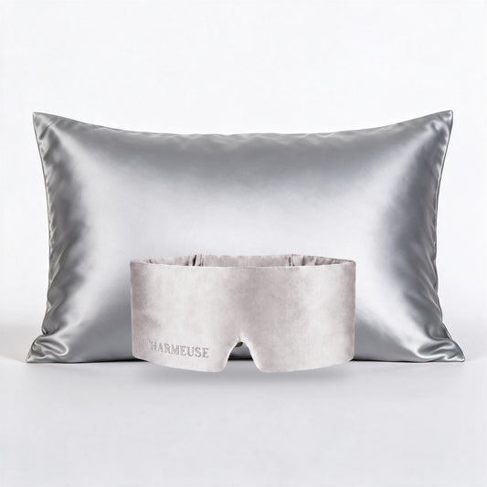 Duo masque et taie d'oreiller en soie Gris Perle
