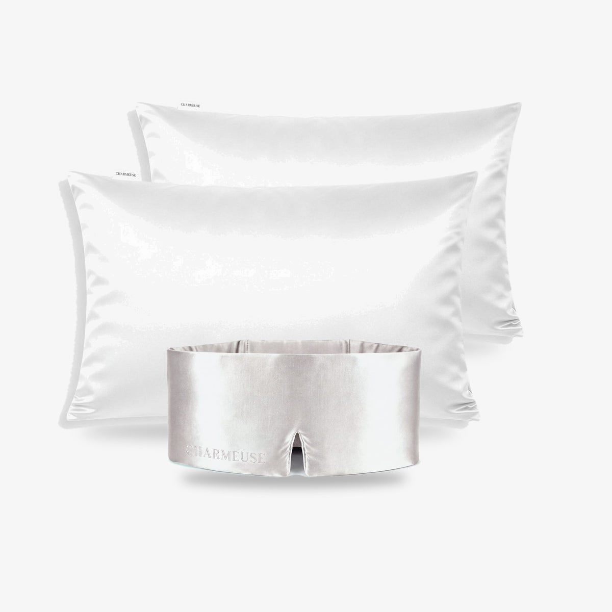 Trio de nuit : masque Gris Perle et deux taies Blanc Ivoire en soie