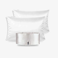 Trio de nuit : masque Gris Perle et deux taies Blanc Ivoire en soie