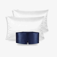 Trio de nuit : masque Saphir Nuit et deux taies Blanc Ivoire en soie