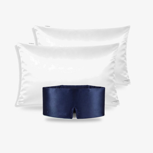 Trio de nuit : masque Saphir Nuit et deux taies Blanc Ivoire en soie