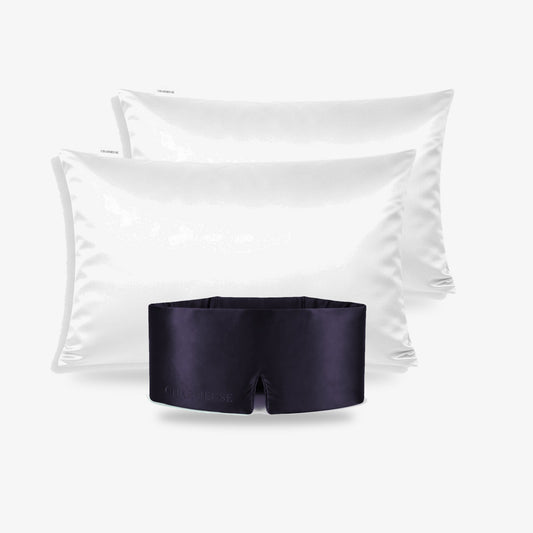 Trio de nuit : masque Velours Noir et deux taies Blanc Ivoire en soie