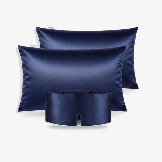 Trio de nuit Saphir Nuit : un masque et deux taies en soie